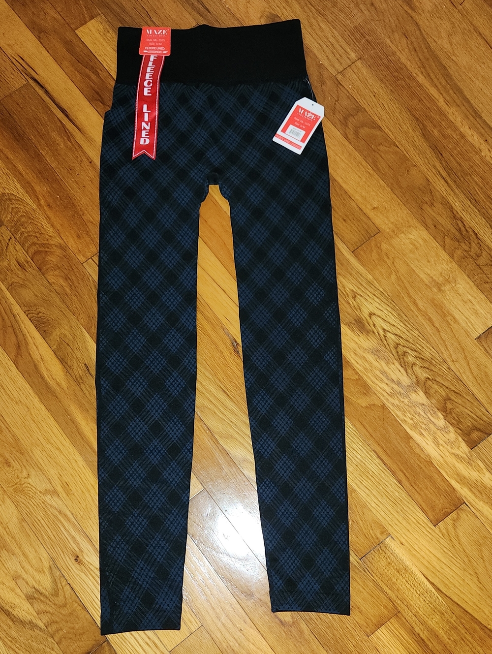MAZE Fleece-Lined Black & Blue Grey Plaid  Leggings NWT Size Small Medium